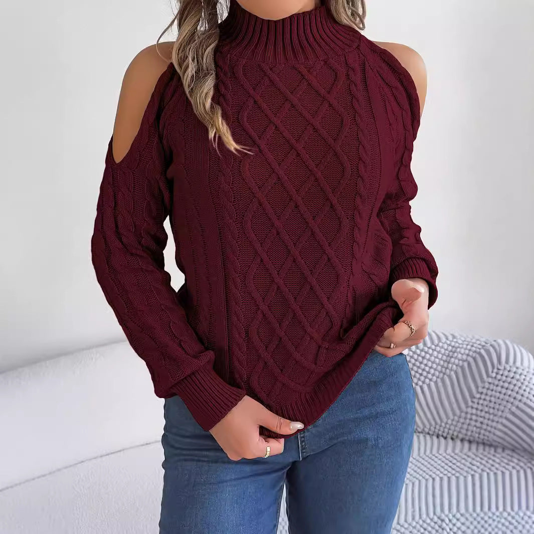 Off-Shoulder Twisted Knit Warm Fall Pullover Sweater