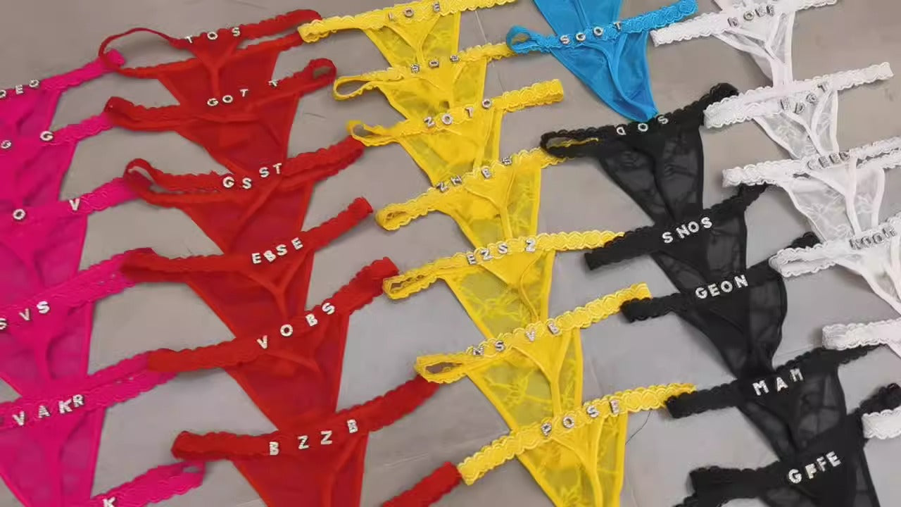 Women's Colorful Sexy DIY Metal Rhinestone Letter Thong - Provocative and Playful Lace Panties 🌈