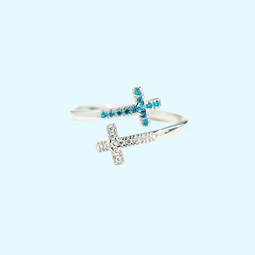 Chic Aqua Blue & Silver Sideways Cross Open Ring 💍