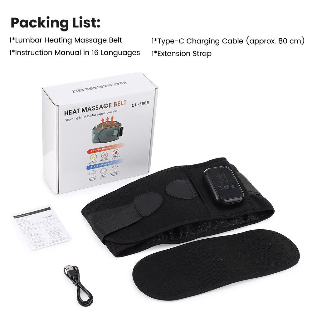Cordless Heated Waist & Abdomen Massage Belt with Electric 3 Speed Vibration, Auto-Off Timer