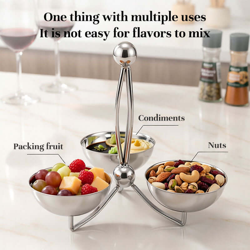 Sleek Polished Stainless Steel Condiment Display Stand with Dip Bowls - Fruit, Snacks & Chip Dip Server Set