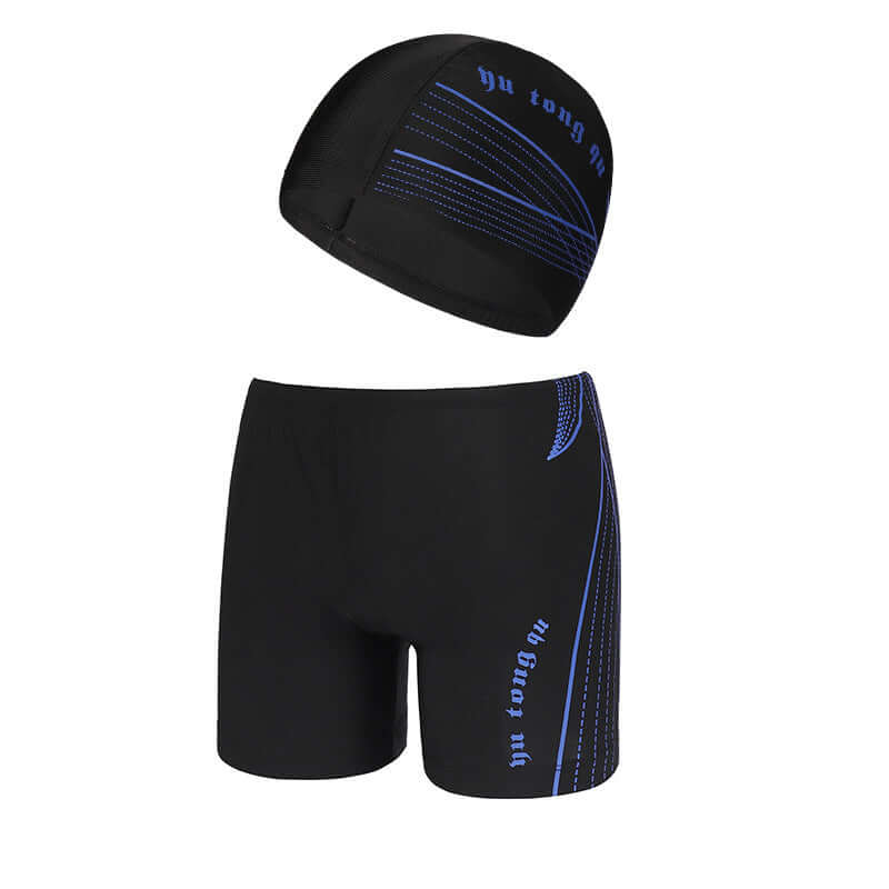 Large Sizes Striped Men's Swimming Trunks and Cap with Three-Dimensional Elastic Waistband 🏊‍♀️