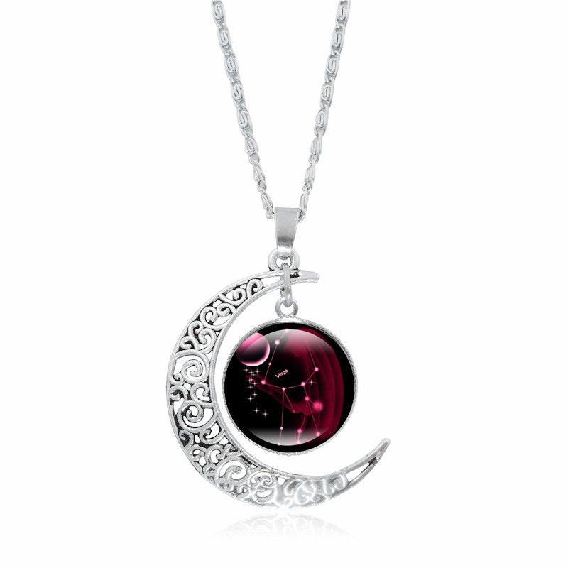 Gorgeous Zodiac Time Gem Luminous Necklace for Women - Simple Silver Moon Pendant Choker Giftable 💝
