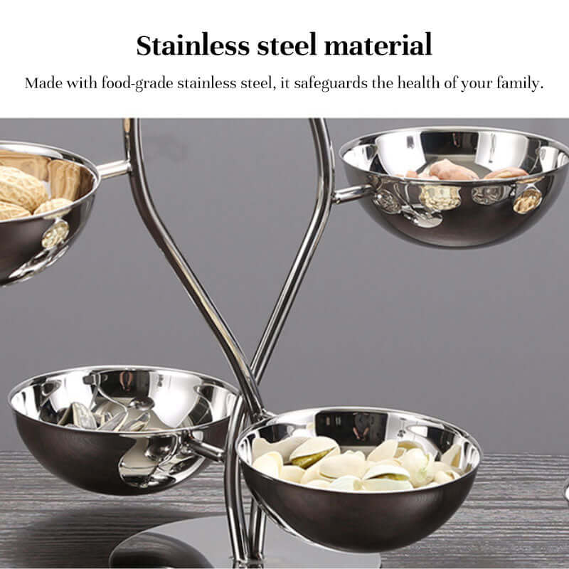 Sleek Polished Stainless Steel Condiment Display Stand with Dip Bowls - Fruit, Snacks & Chip Dip Server Set