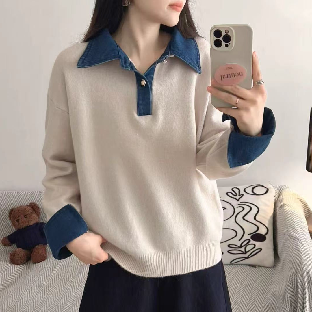 Unique Color Block Denim Patchwork Polo Sweater 😎