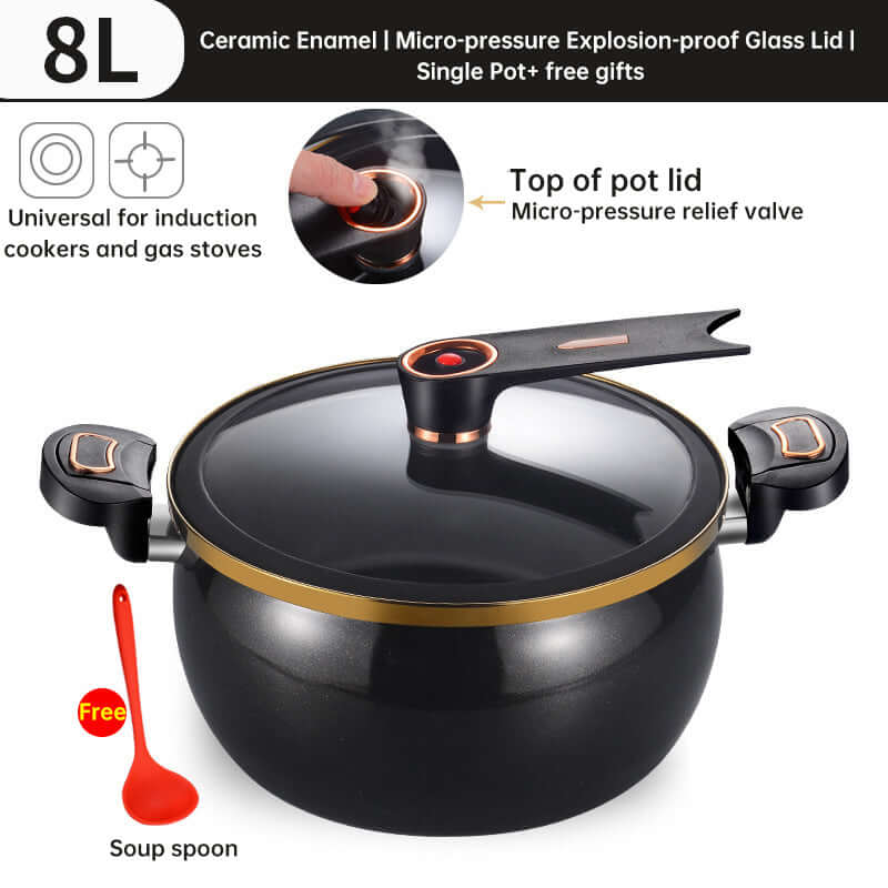 Large Black or White Modern 7L Enameled Cast Iron Soup Pot with Spoon – Heavy-Duty Pressure-Assist Stewing Pot