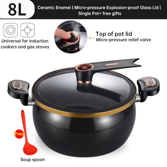 Large Black or White Modern 7L Enameled Cast Iron Soup Pot with Spoon – Heavy-Duty Pressure-Assist Stewing Pot