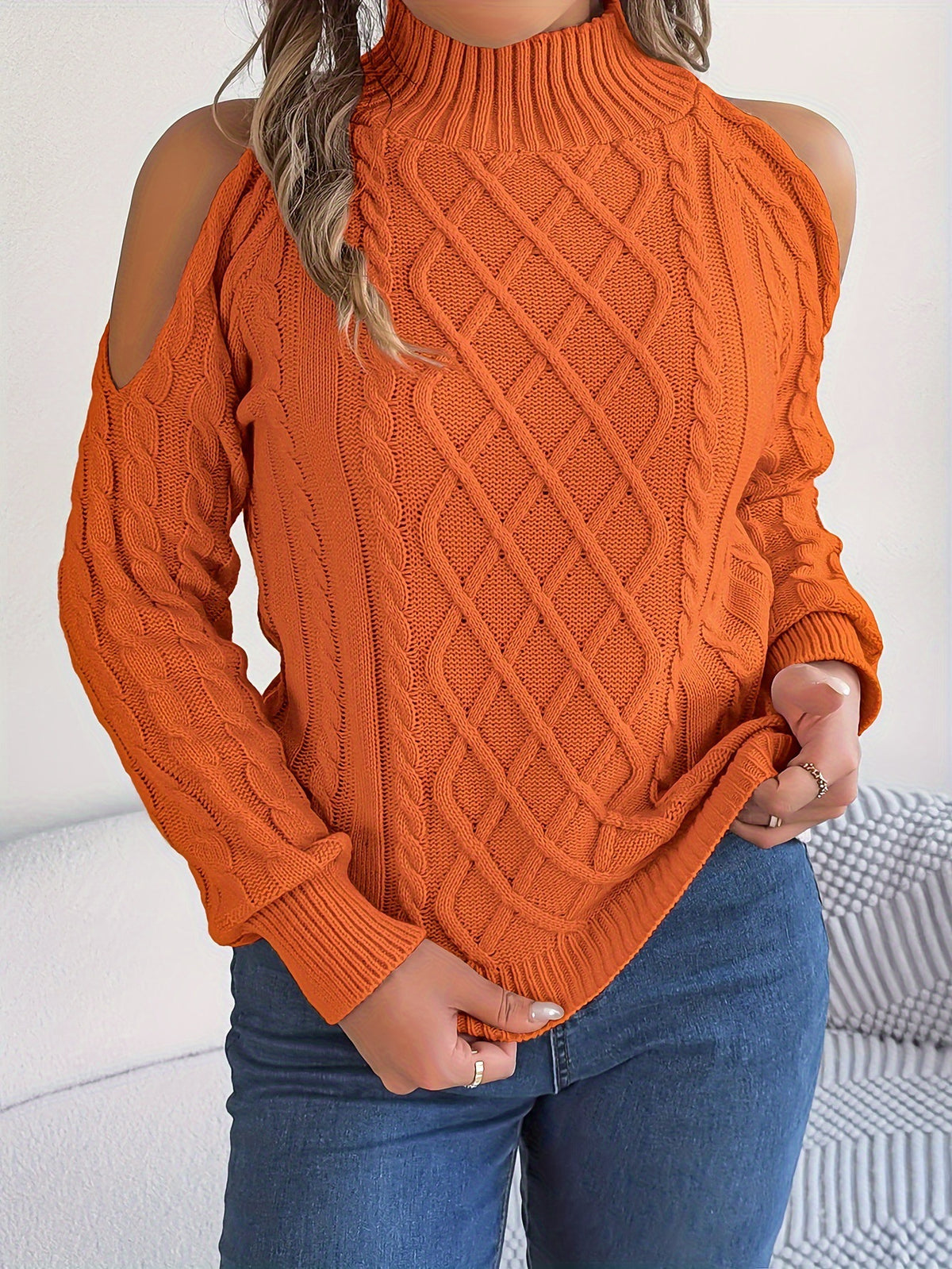 Off-Shoulder Twisted Knit Warm Fall Pullover Sweater
