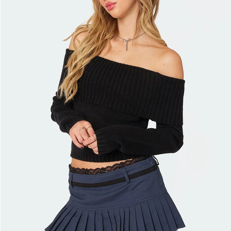 Women's Hip Autumn & Winter Lightweight Sweater 😎 Solid Color, One Piece Collar, Off Shoulder Long Sleeve