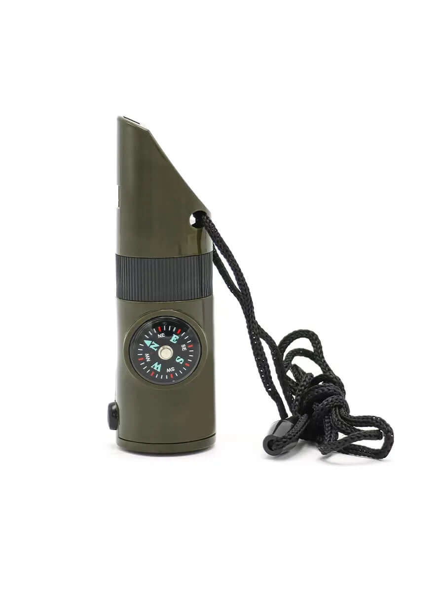 Smart 7 in 1 Survival Whistle Tool - Hiking Whistle, Compass, Mirror, Flashlight, Magnifier LED Light, Thermometer & Storage