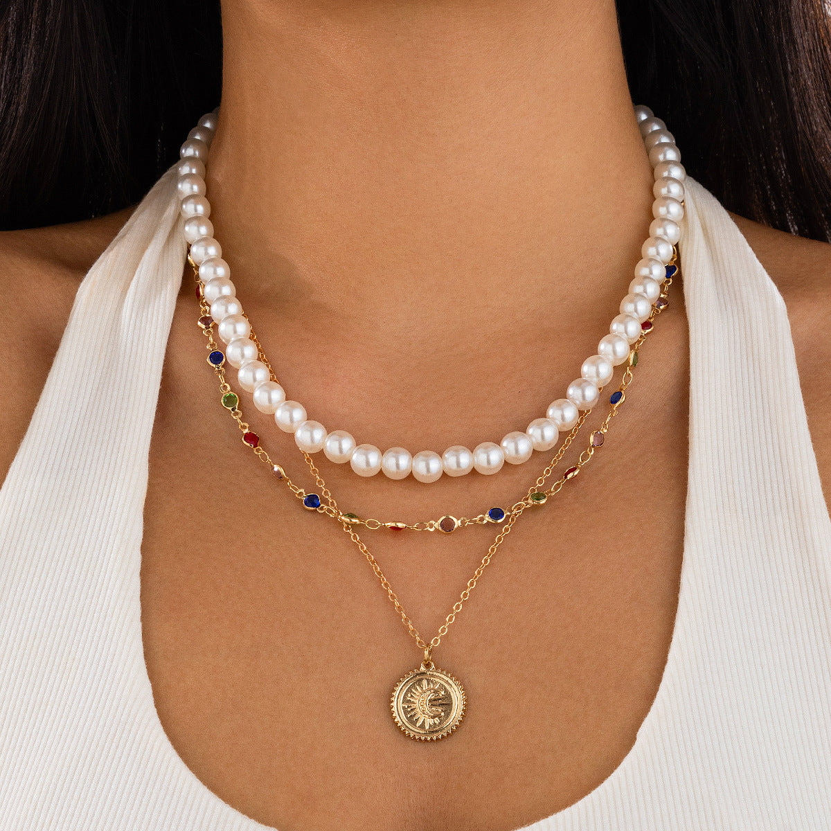 Chic Fashion Imitation Pearl Beaded Three-layer Necklace  - Giftable Pearl + Crystal + Copper & Charm 💝