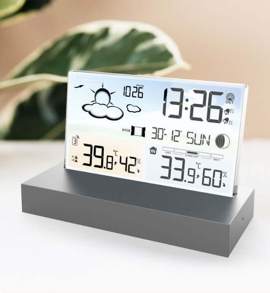 Transparent Glass Weather Forecast Clock -  Features Color Screen RF Wireless, Alarm, Perpetual Calendar, 12 or 24 Hour Format, 7 Languages