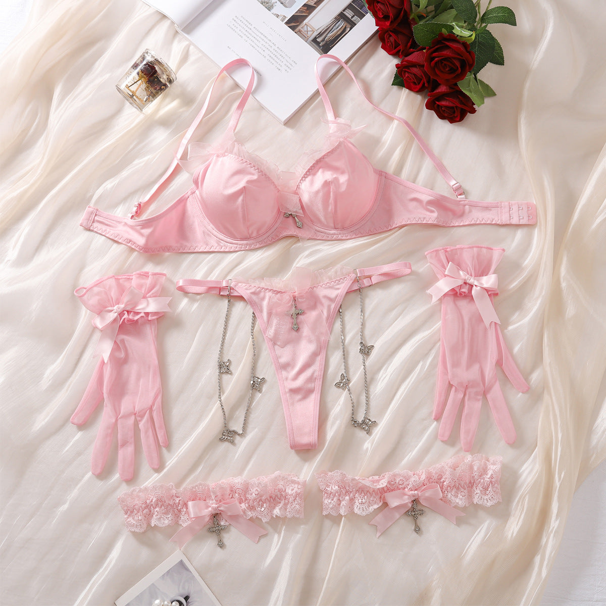 Tempting Pink Bow Lingerie | Elegant Lace 4-Pc Set