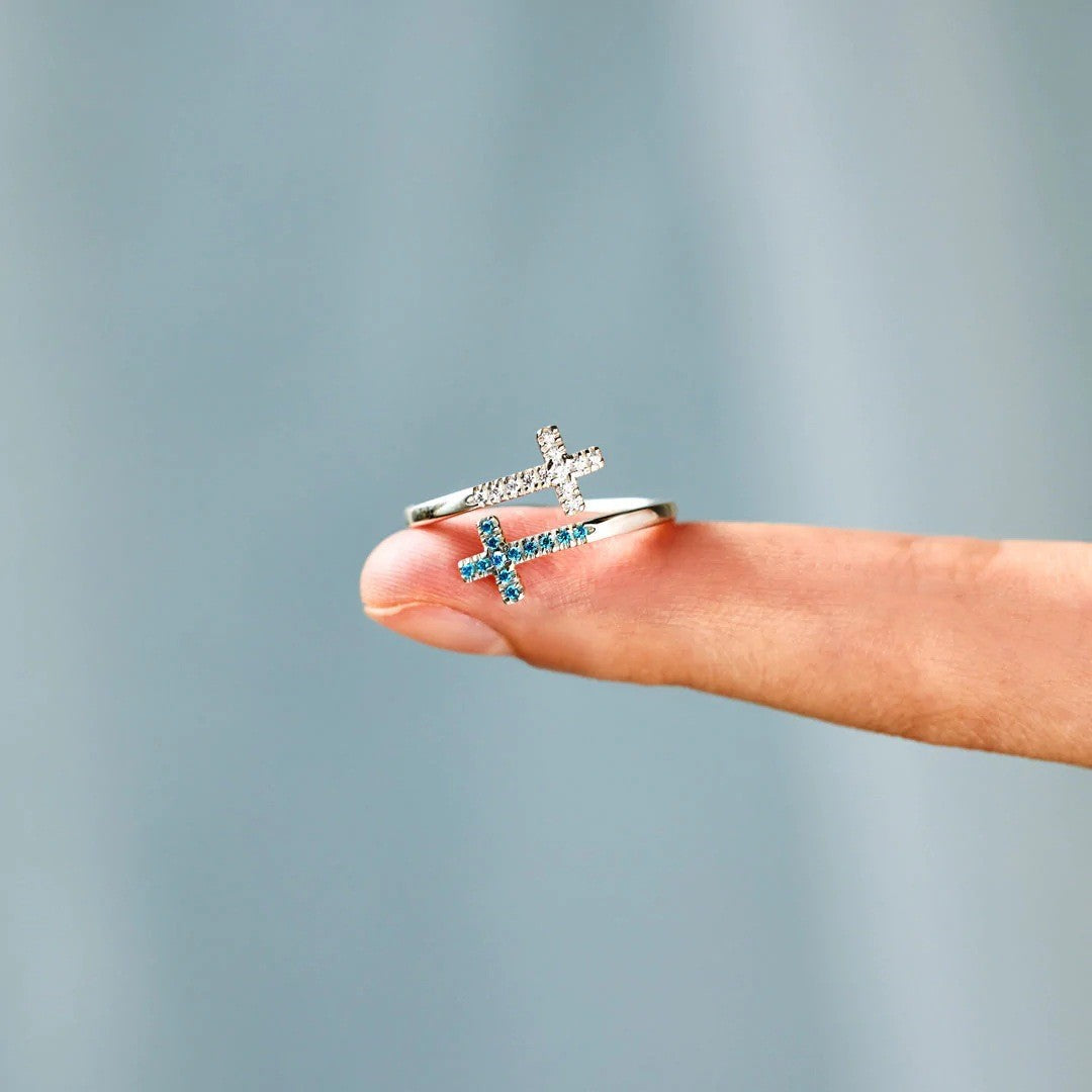 Chic Aqua Blue & Silver Sideways Cross Open Ring 💍