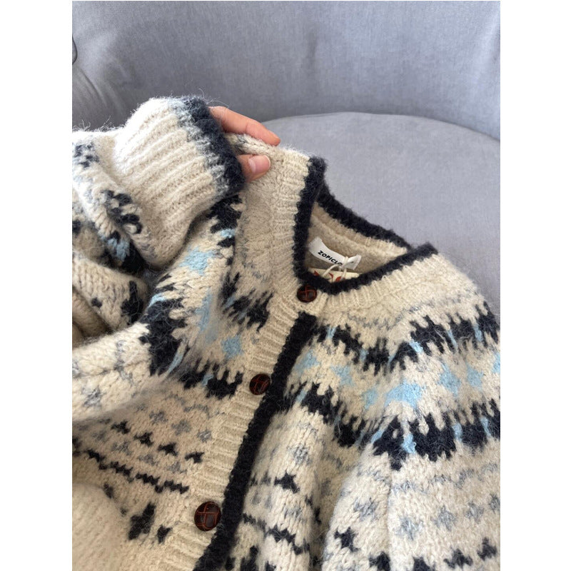 Women's One-size Vintage Jacquard Knit Cardigan ♨️ Thickened Button-Up Stylish Autumn Winter Top 🍁