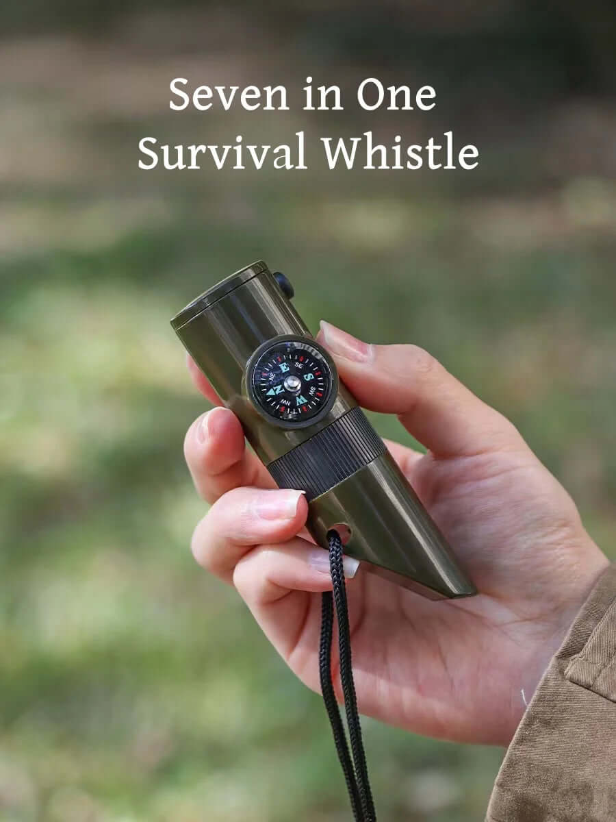 Smart 7 in 1 Survival Whistle Tool - Hiking Whistle, Compass, Mirror, Flashlight, Magnifier LED Light, Thermometer & Storage