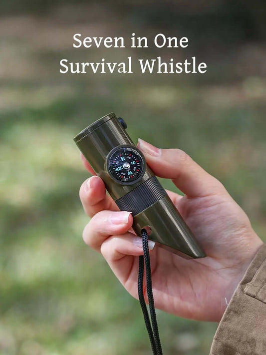 Smart 7 in 1 Survival Whistle Tool - Hiking Whistle, Compass, Mirror, Flashlight, Magnifier LED Light, Thermometer & Storage