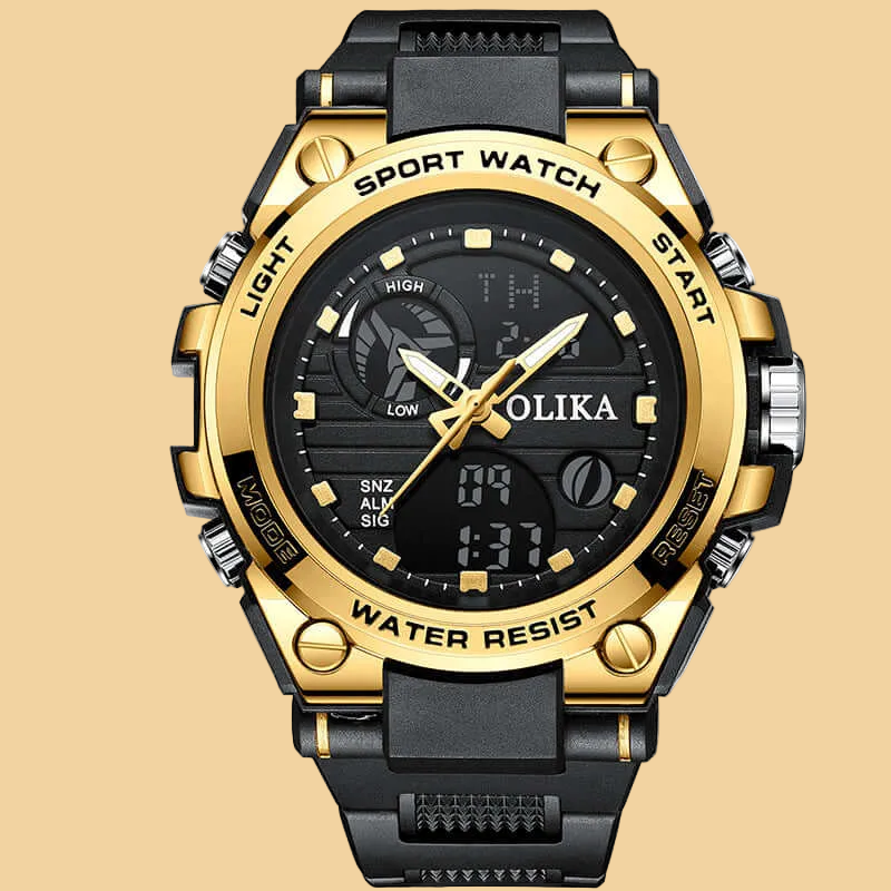 Men's Quartz Dual Display Waterproof Watch - Outdoor Sports Timing Multifunctional + Shock Resistant