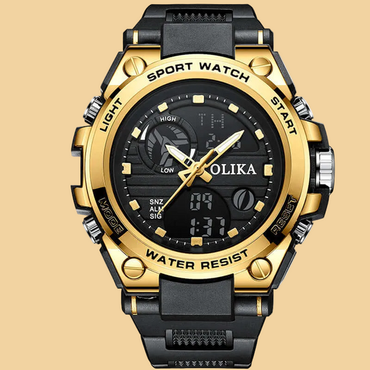 Men's Quartz Dual Display Waterproof Watch - Outdoor Sports Timing Multifunctional + Shock Resistant