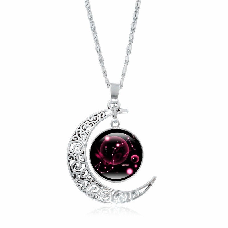 Gorgeous Zodiac Time Gem Luminous Necklace for Women - Simple Silver Moon Pendant Choker Giftable 💝