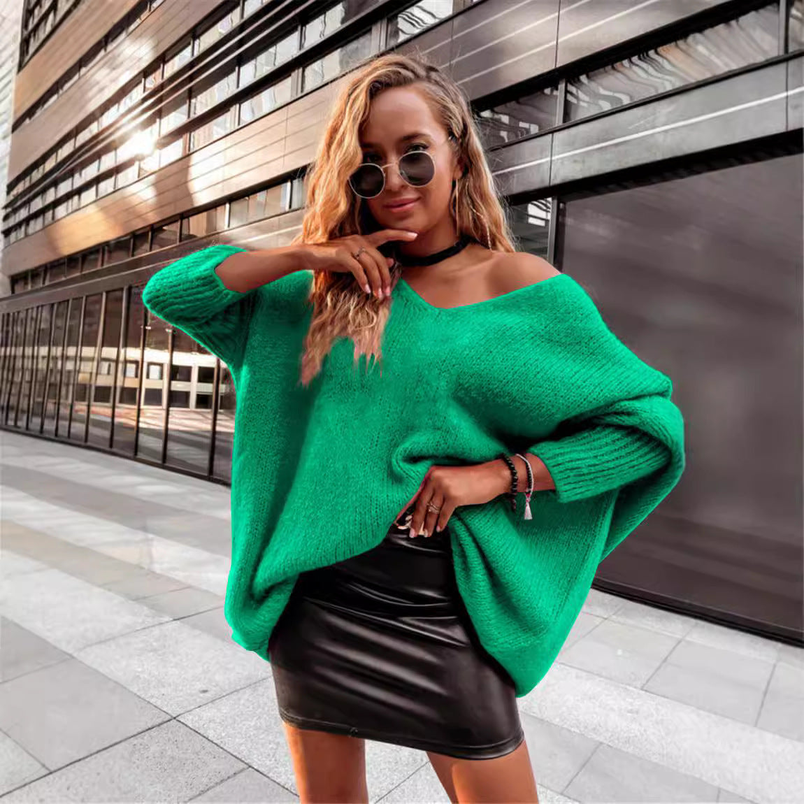 Sexy Oversized V-Neck Off-Shoulder Batwing Knit Sweater