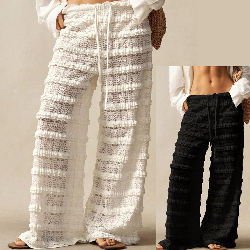 Women's Unique Trendy Streetwear Pants - Sexy Casual Solid Color Lace Jacquard Hollow-out Patchwork