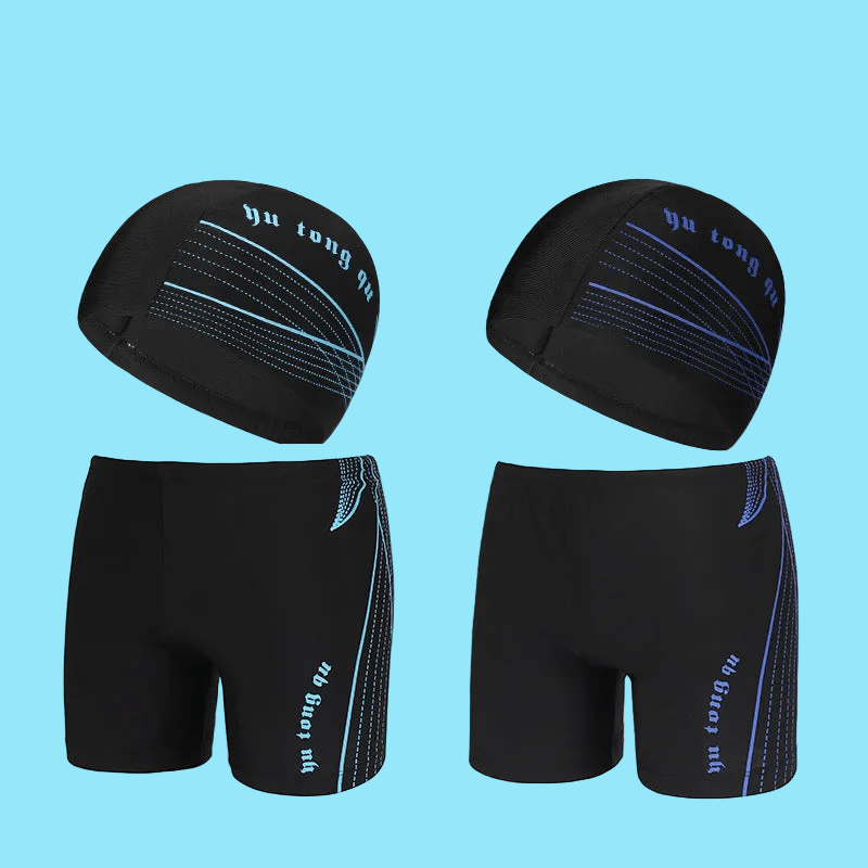 Large Sizes Striped Men's Swimming Trunks and Cap with Three-Dimensional Elastic Waistband 🏊‍♀️