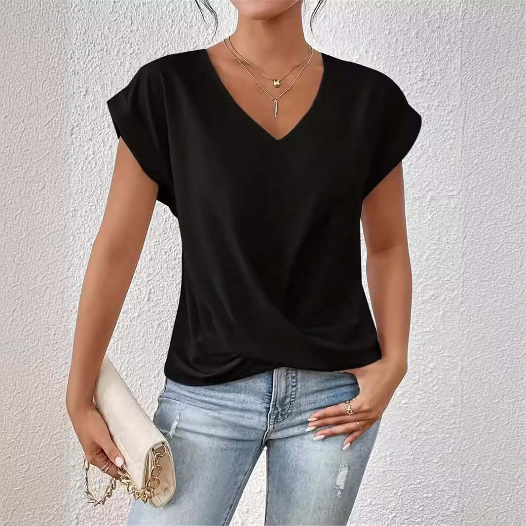 Women's Sleek Pleated V-neck T-shirt in a Multitude of Gorgeous Color Options 🌈 🤩