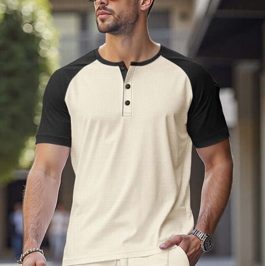 Men's Round Neck Trendy Sports Shirt - Solid with Offset Color Sleeves, Button Down Front 😎
