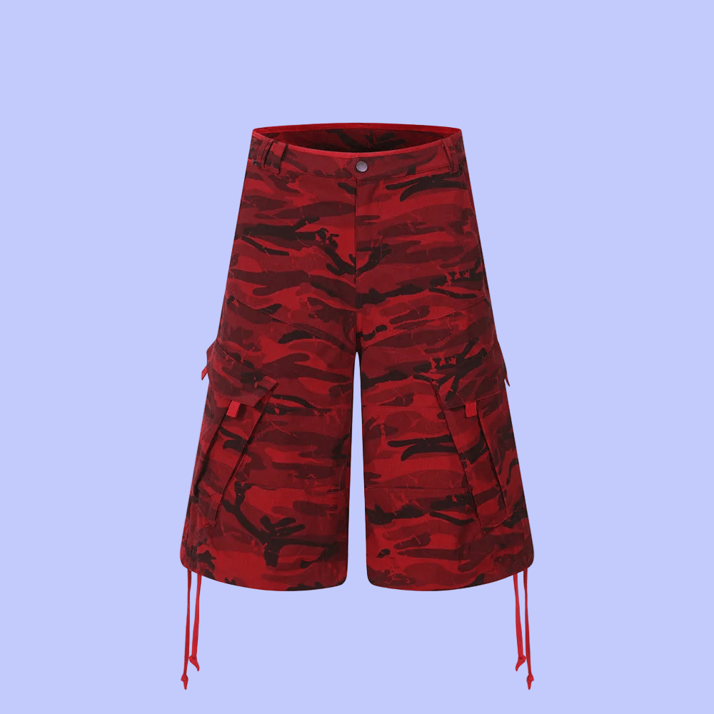 Popular Camouflage Workwear Five Quarter Pants - Unisex Trending Hip Street Fashion Red 🔴 Camouflage