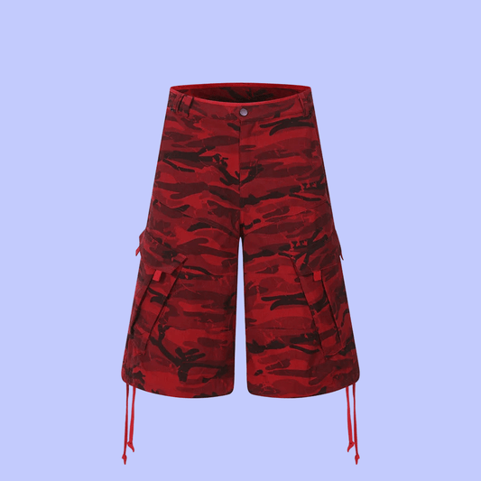Popular Camouflage Workwear Five Quarter Pants - Unisex Trending Hip Street Fashion Red 🔴 Camouflage
