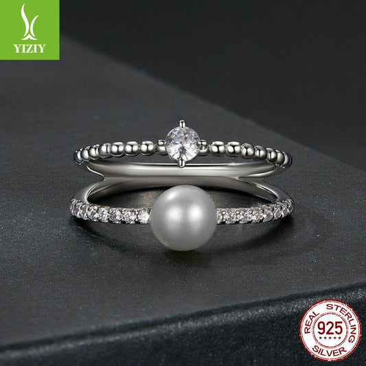 Moissanite Pearl 925 Silver Ring | Elegant Two Layer Band