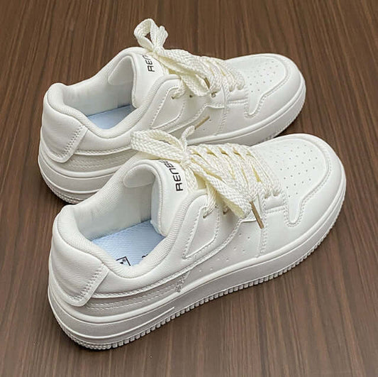 Unisex Durable Solid White Sneakers - Popular Lace Up Round Toe Platform Style