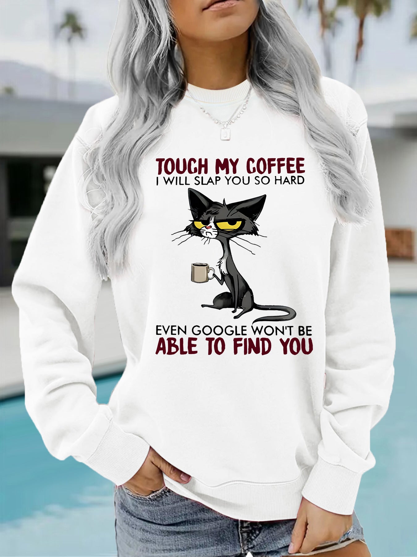 Women's Seasonal Warm Casual Sweatshirt with Humorous Cat COFFEE Graphic ☕️ 😻
