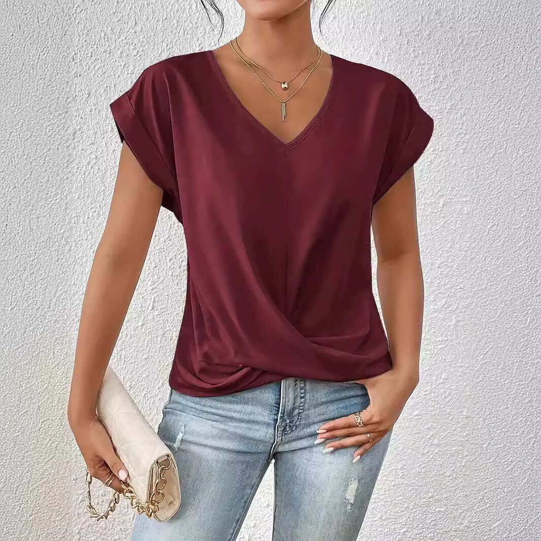Women's Sleek Pleated V-neck T-shirt in a Multitude of Gorgeous Color Options 🌈 🤩