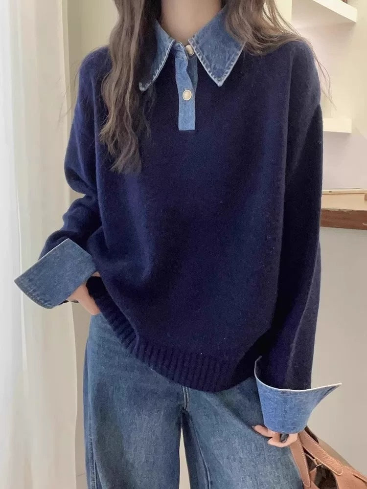 Unique Color Block Denim Patchwork Polo Sweater 😎