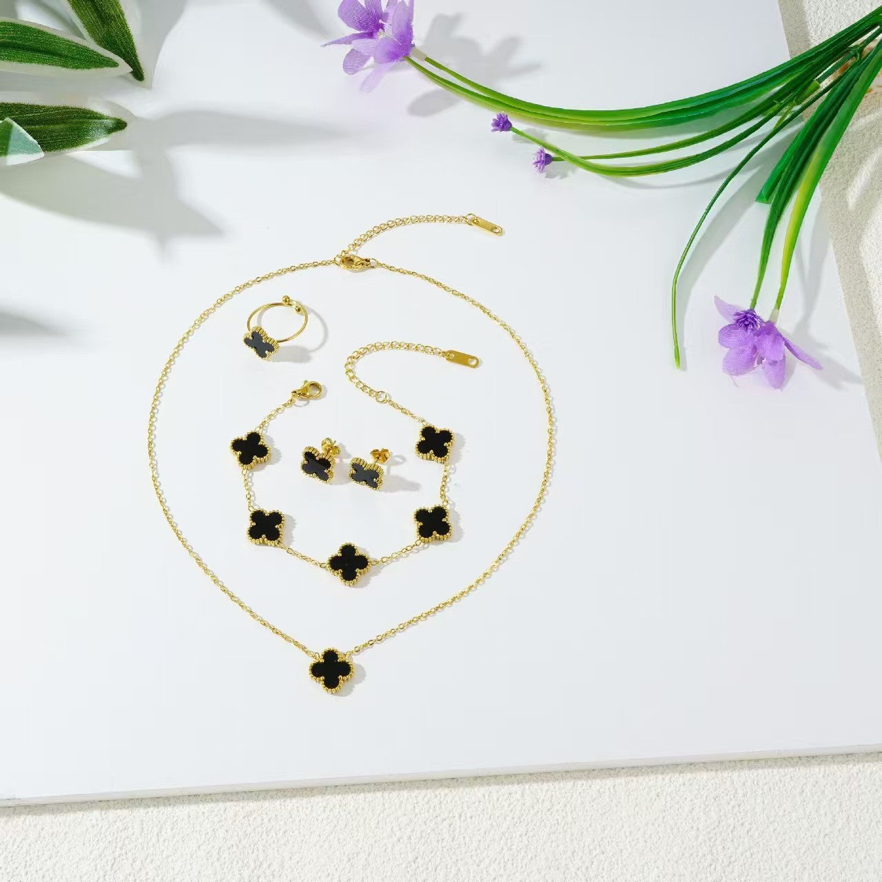 Gorgeous 4pc. Titanium Steel Jewelry SET - Great Value Floral Necklace + Bracelet + Earrings + Ring in Beautiful Colors