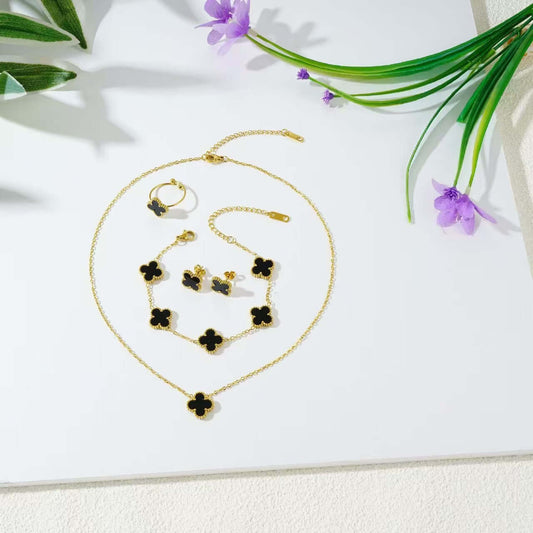 Gorgeous 4pc. Titanium Steel Jewelry SET - Great Value Floral Necklace + Bracelet + Earrings + Ring in Beautiful Colors