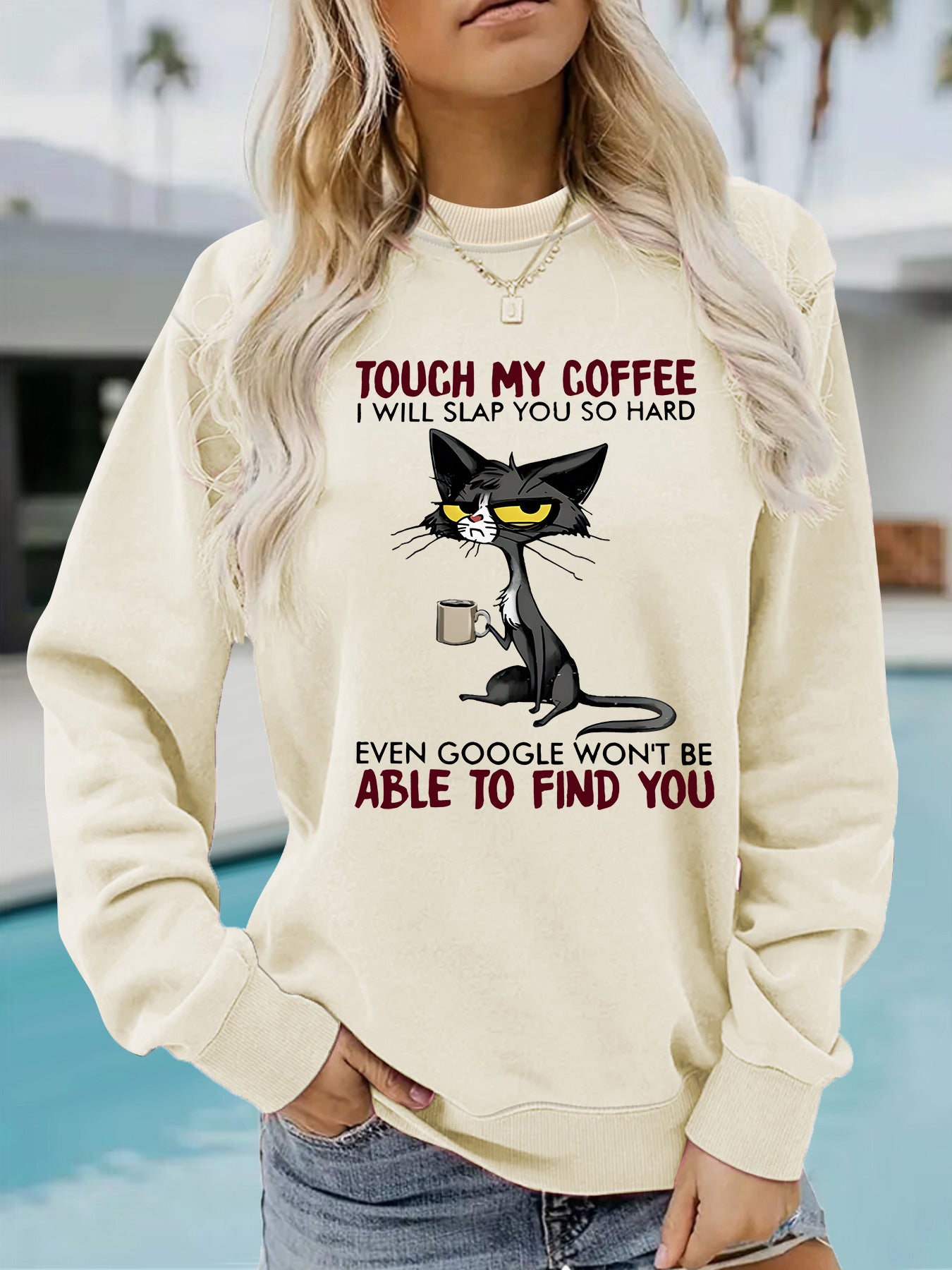 Women's Seasonal Warm Casual Sweatshirt with Humorous Cat COFFEE Graphic ☕️ 😻