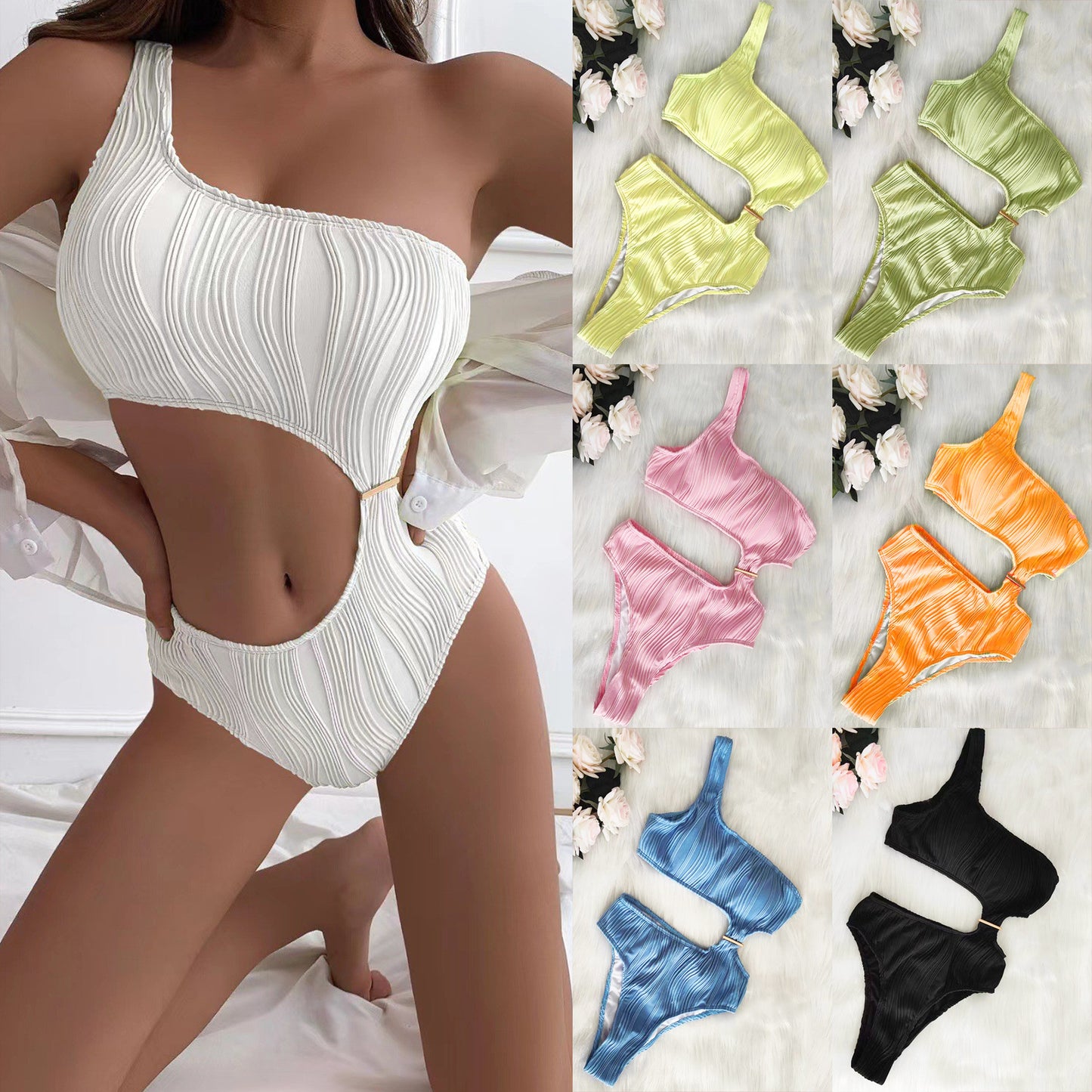 Sexy One Shoulder Solid Color Swimsuit 🩱Unique Design and Striated Pattern