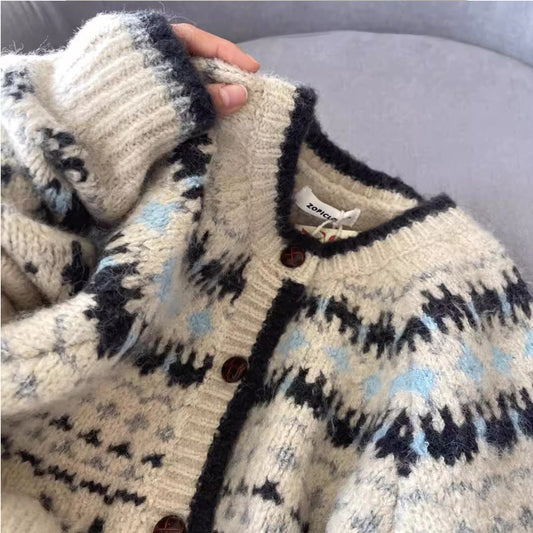 Women's One-size Vintage Jacquard Knit Cardigan ♨️ Thickened Button-Up Stylish Autumn Winter Top 🍁