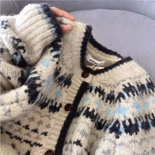 Women's One-size Vintage Jacquard Knit Cardigan ♨️ Thickened Button-Up Stylish Autumn Winter Top 🍁