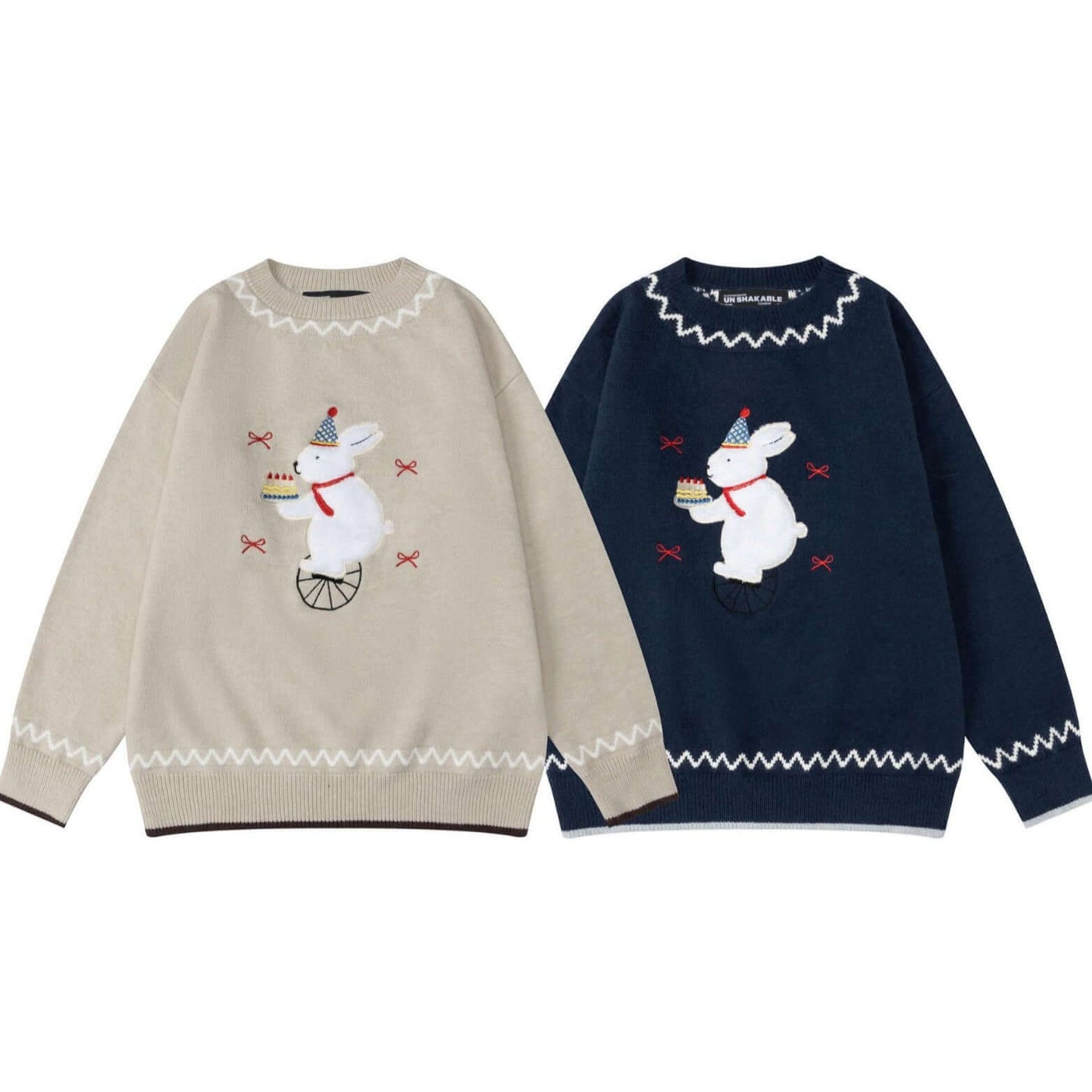 Women's Casual Round Neck Sweater - Vintage Cute Rabbit Plush 🐰 Embroidered
