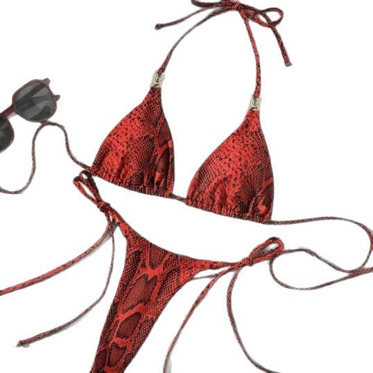 Sexy Red Leopard Print Thong Bikini with Jewelry Tie Collar