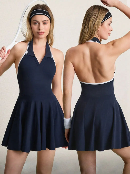 Navy Blue Backless Halter Neck Active Dress - Sporty Tennis and Summer Casual Comfort 🎾