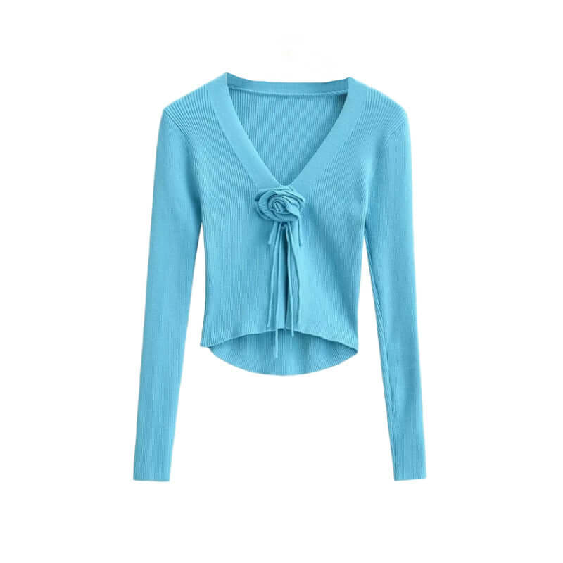 Chic Fashion Slim-fit V-neck Long Sleeve Sweater - Cute Rose Knot 🌹Bow Tie Front in 7 Color Options 🌈