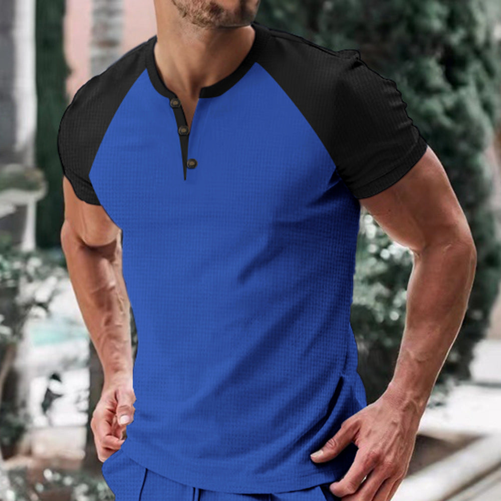 Men's Round Neck Trendy Sports Shirt - Solid with Offset Color Sleeves, Button Down Front 😎