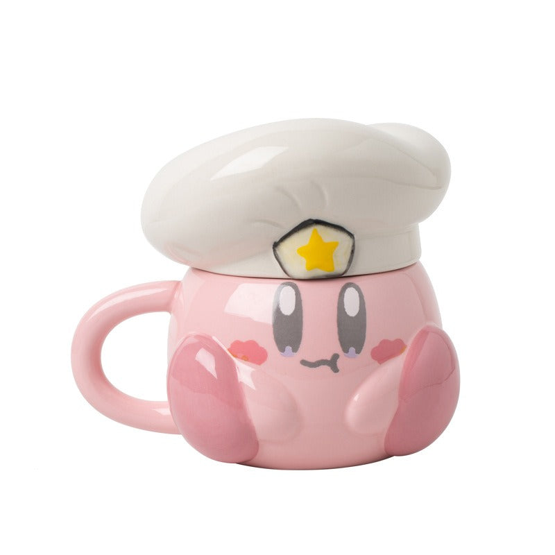 Cute Pink Madou Cartoon Chef Star Ceramic Mug with Lid - Burger & Cheese Options Also Available ☕️