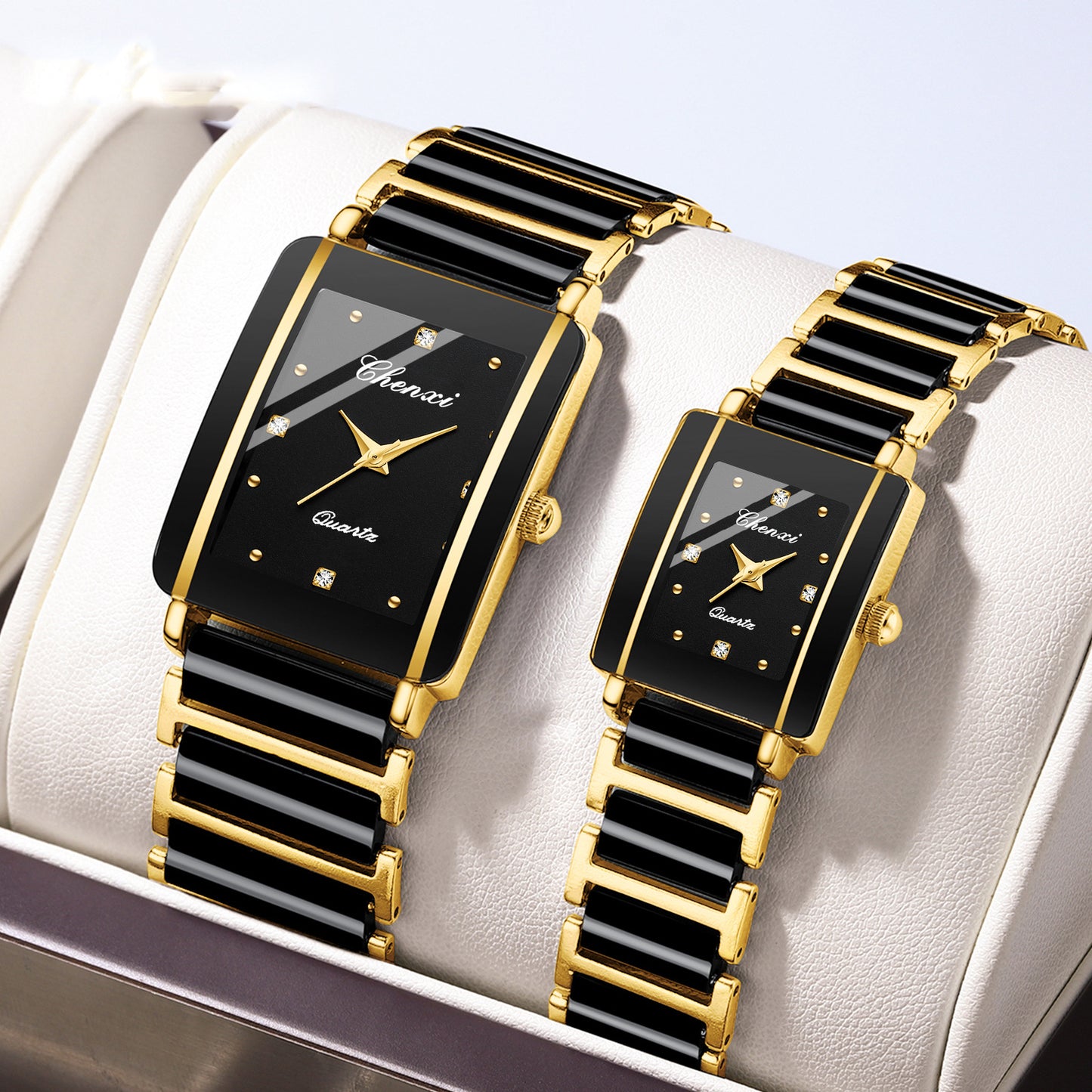 Gorgeous Square Couples Watches - Ceramic Quartz Reinforced Glass, Waterproof, in Gold, Silver, Black ⌚️