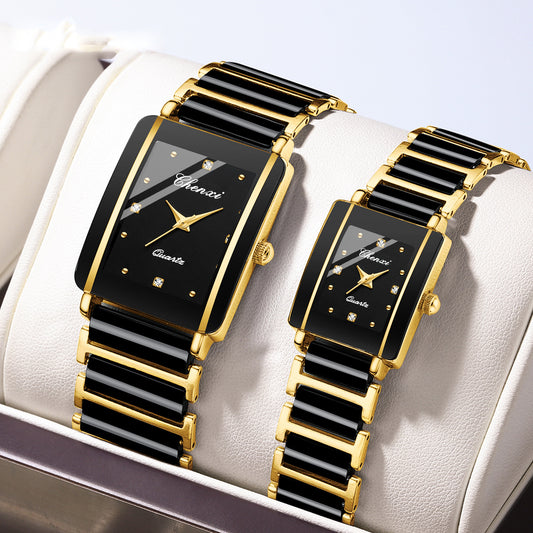 Gorgeous Square Couples Watches - Ceramic Quartz Reinforced Glass, Waterproof, in Gold, Silver, Black ⌚️